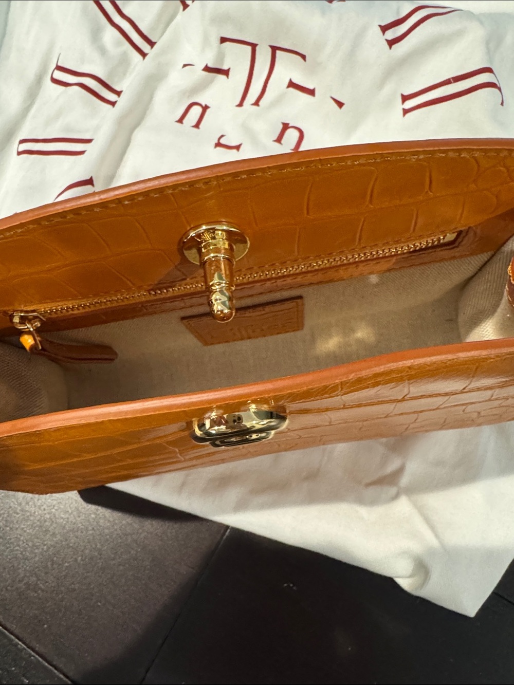 Liffner Croc Effect Pushlock Clutch in Mandarin - Picture 9 of 11